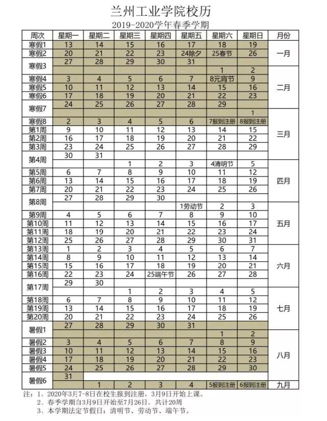 兰州工业学院2020年暑假放假时间 