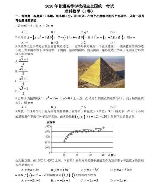 2020年福建高考理科数学试题【图片版】 